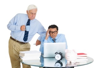 Closeup portrait of old elderly business man boss, checking on his young employee, pushing to work hard on project, who is in disagreement unhappy, isolated on white background. Conflict at work place.jpeg
